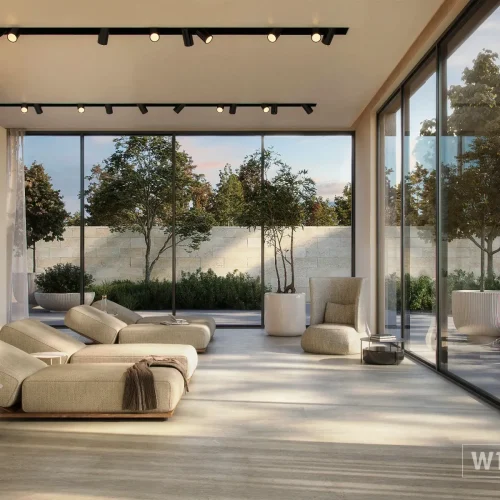 Wineo Purline 1500 Serene Marble Light í setustofu með stórum gluggum